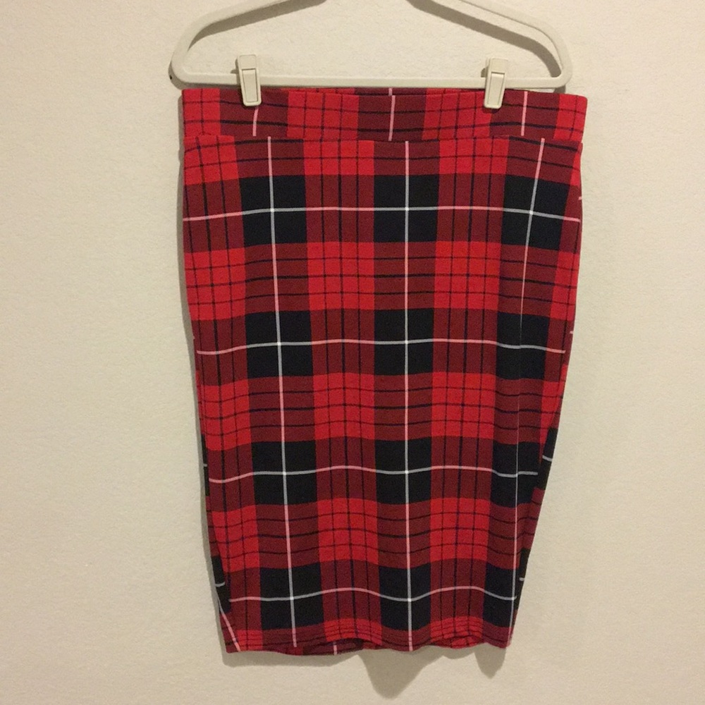 Plaid red pencil skirt